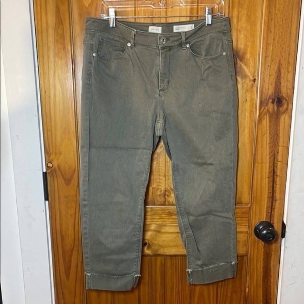 J Jill Authentic Fit Cropped Jeans Olive Green 12 Petite Cuffed Raw hem